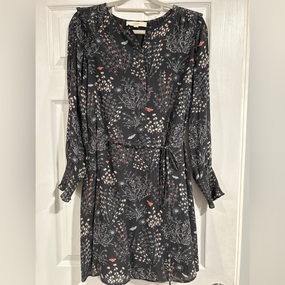 Loft Womens Size Medium Long Sleeve Dress Trapeze Flare Multicolored Lining - Picture 2 of 5